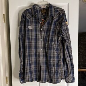 Scotch & Soda Blue and White Plaid Shirt western snap embroidered xl